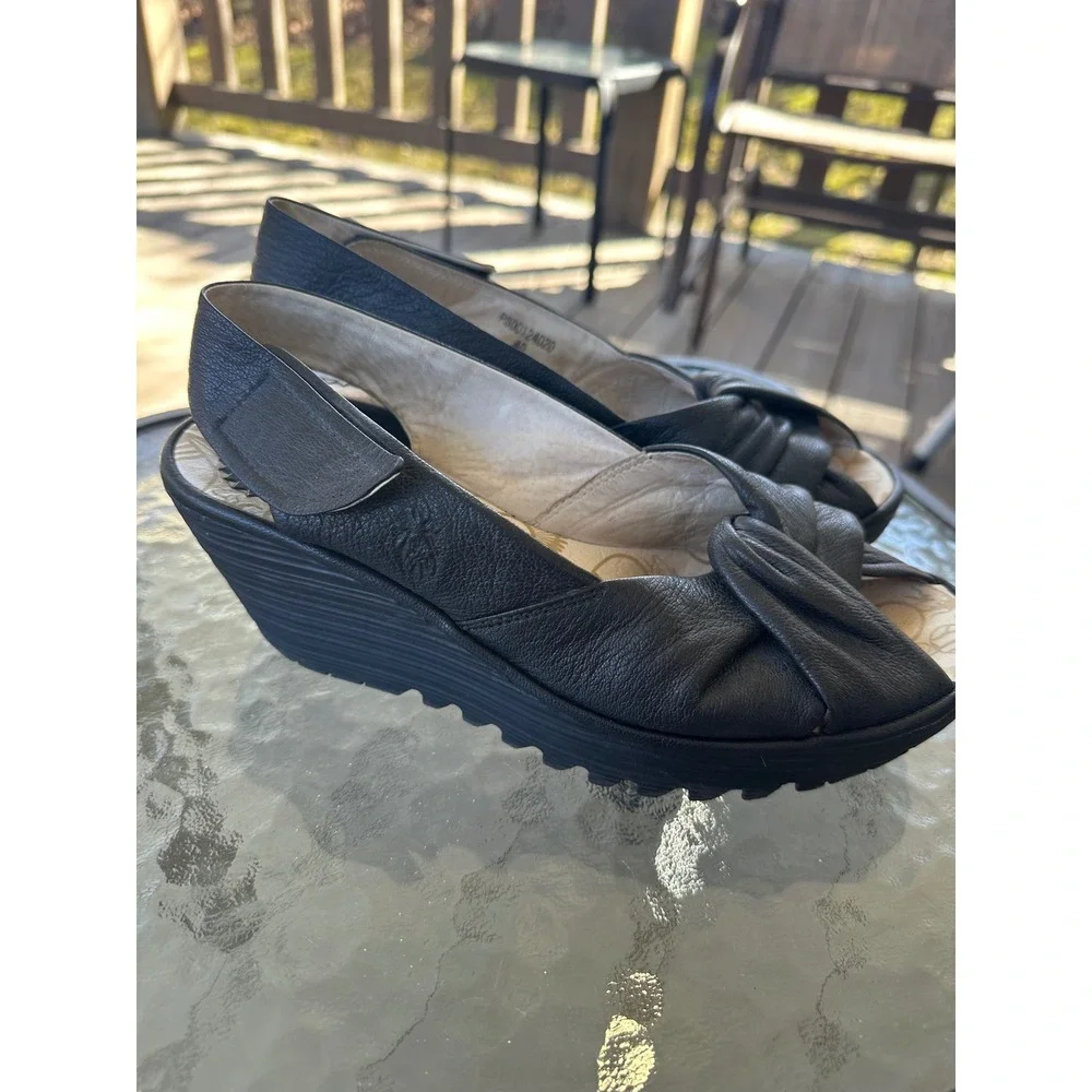 Fly London Yala Black Leather Wedge Slingback Peep Toe Sandal Women 40 or US 9.5